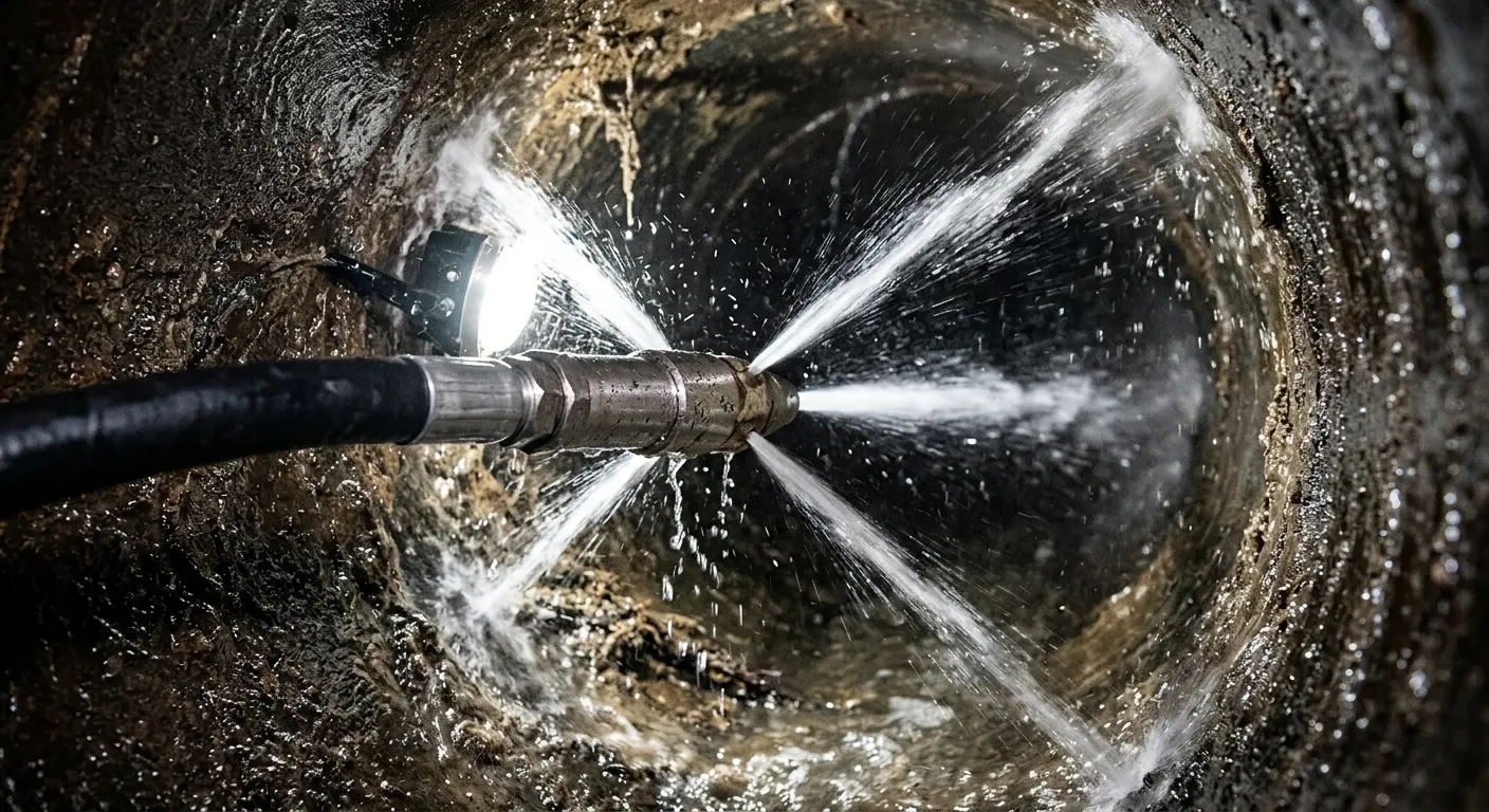 High-pressure hydro jetting nozzle cleaning sewer pipe for Storm Drain Cleaning in Loma Linda