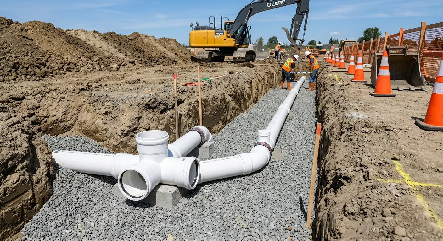 New PVC sewer pipe installation in open trench for Grease Trap Cleaning in Loma Linda