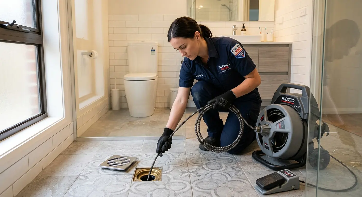 Technician clearing a bathroom floor drain for Sewer Line Installation in Loma Linda